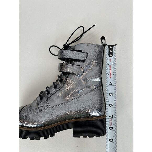 Shellys London Bootie 39 Silver Metallic Distressed Leather‎ Combat Boots Womens - Picture 11 of 11